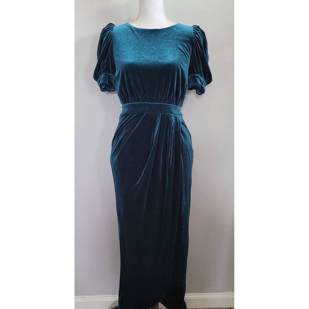 YUMI KIM Dress Size MEDIUM Tamra Midi Jewel Emerald Velvet Puff Sleeve - Picture 2 of 16
